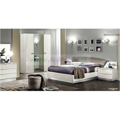 ONDA White - komplet meble do sypialni z tapicerowanym zagłowiem 160x200 w kolorze białym,