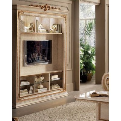 LEONARDO LUX Moduł ścienny  z  TV Z DEKORACJĄ  - ekskluzywny komplet do jadalni z meandrem Versace, włoskie meble