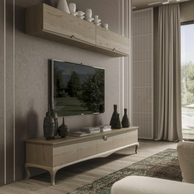 GRIFONI - włoska komoda RTV drewniana 247 cm jesion, eklektyczna  nowoczesna klasyka