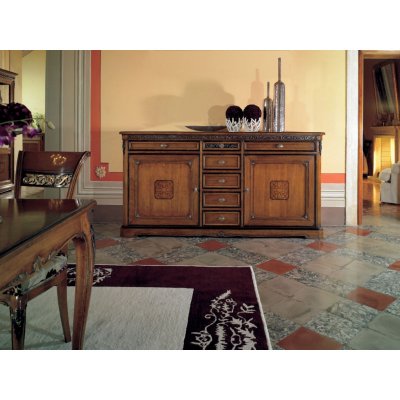  VILLA-  włoska drewniana komoda z dwu drzwiowa z intarsjami cokół  i  7 szufladami 