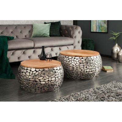 Zestaw stolików kawowych Stone Mosaic 2 er set srebrny akacja