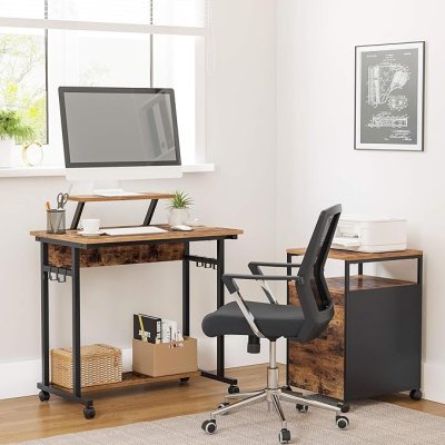 INDUSTRIAL - Mobilne biurko komputerowe, z podstawką na monitor, 80 x 50 x 90 cm, styl industrialny, czarny - brąz