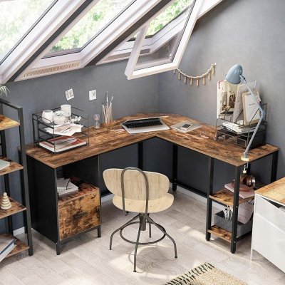 INDUSTRIAL -Stolik pod komputer biurko narożne z kontenerkiem i półkami vintage brązowo-czarny