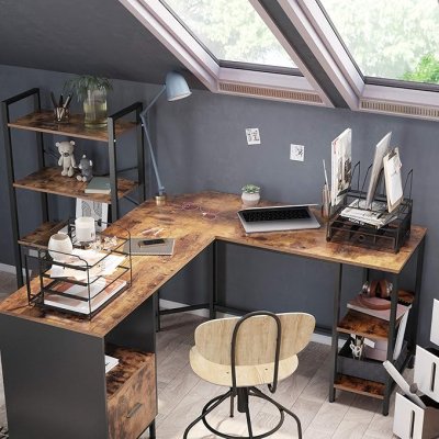  INDUSTRIAL -Stolik pod komputer biurko narożne z kontenerkiem i półkami vintage brązowo-czarny