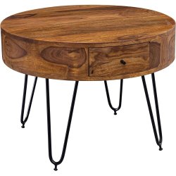 Stolik Kawowy z Szufladka Drewniany Okrągły fi 60 cm Sheesham