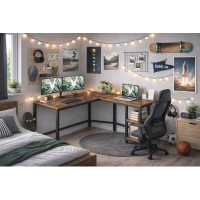  INDUSTRIAL -Biurko komputerowe w kształcie litery L, 130 x 120 x 76 cm narożne z 2 półkami brązowo-czarny vintage